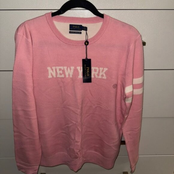 NWT -Polo Ralph Lauren Pink Double Knit Wool New York Varsity Sweater - Medium - Picture 1 of 6